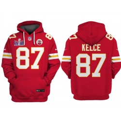 Men Kansas City Chiefs 87 Travis Kelce Red Super Bowl LVIII Patch Pullover Hoodie