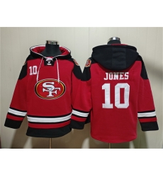 Men San Francisco 49ers 10 Mac Jones Red Black Ageless Must Have Lace Up Pullover Hoodie