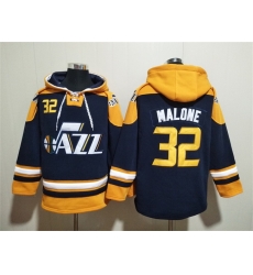 Men Utah Jazz 32 Karl Malone Navy Yellow Lace Up Pullover Hoodie