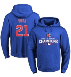 Men Chicago Cubs 21 Sammy Sosa Blue 2016 World Series Champions Pullover MLB Hoodie