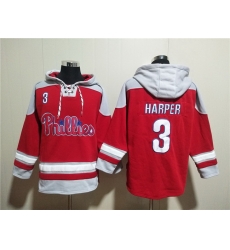 Men Philadelphia Phillies 3 Bryce Harper Red Ageless Must Have Lace Up Pullover Hoodie