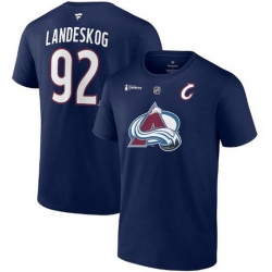 Men Colorado Avalanche 92 Gabriel Landeskog Navy 2022 Stanley Cup Champions Authentic Stack Name  26 Number T Shirt