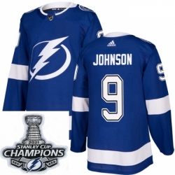 Men Adidas Tampa Bay Lightning 9 Tyler Johnson Premier Royal Blue Home NHL Stitched 2021 Stanley Cup Champions Patch Jersey