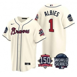 Men Atlanta Braves 1 Ozzie Albies 2021 Cream World Series With 150th Anniversary Patch Cool Base Stitched Jersey