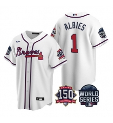 Men Atlanta Braves 1 Ozzie Albies 2021 White World Series With 150th Anniversary Patch Cool Base Stitched Jersey