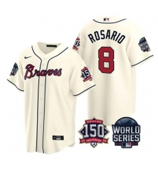 Men Atlanta Braves 8 Eddie Rosario 2021 Cream World Series With 150th Anniversary Patch Cool Base Stitched Jersey