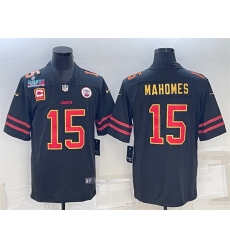 Men Kansas City Chiefs 15 Patrick Mahomes Black Red Gold Super Bowl LVII Patch And 4 Star C Patch Vapor Untouchable Limited Stitched Jersey