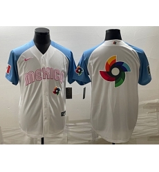 Men Mexico Baseball 2023 White Blue World Baseball Big Logo With Patch Classic Stitched Jersey