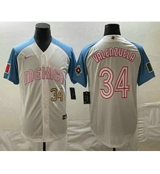 Men's Mexico Baseball #34 Fernando Valenzuela Number 2023 White Blue World Classic Stitched Jersey