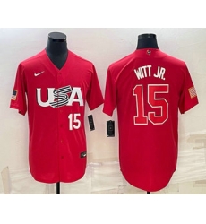 Men USA Baseball #15 Bobby Witt Jr Number 2023 Red World Baseball Classic Stitched Jerseys