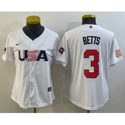 Women's USA Baseball #3 Mookie Betts 2023 White World Classic Replica Stitched Jersey