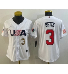 Womens USA Baseball #3 Mookie Betts Number 2023 White World Classic Replica Stitched Jersey