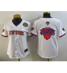 Youth New York Knicks Team Big Logo White 2026 Finals   Eastern Conference Champions Patch Stitched Baseball Jersey