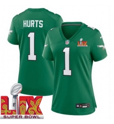 Women Philadelphia Eagles Jalen Hurts #1 Kelly Green 2024 2025 Super Bowl LIX F U S E Stitched NFL Jersey