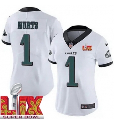 Women Philadelphia Eagles Jalen Hurts #1 White 2024 2025 Super Bowl LIX F U S E Stitched NFL Jersey