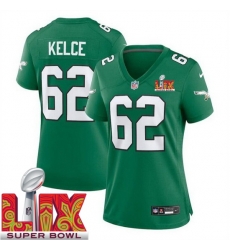 Women Philadelphia Eagles Jason Kelce #62 Kelly Green 2024 2025 Super Bowl LIX F U S E Stitched NFL Jersey