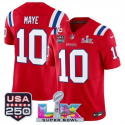 Men New England Patriots 10 Drake Maye Red 2025 F U S E  1 Star C Patch And Super Bowl LX Patch  USA 250 Patch Vapor Limited Football Stitched Jersey