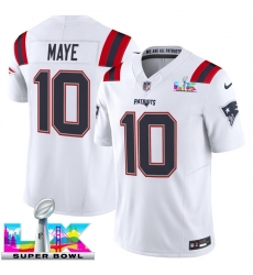Men New England Patriots 10 Drake Maye White 2025 F U S E Super Bowl LX Patch Vapor Limited Stitched Football Jersey Men New England Patriots 10 Drake Maye White 2025 F U S E Super Bowl LX Patch Vapor Limited Stitched Football Jersey