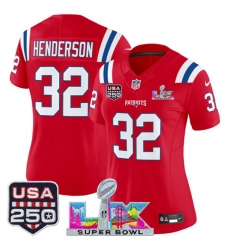 Women New England Patriots 32 TreVeyon Henderson Red 2025 F U S E  Super Bowl LX Patch And USA 250 27 Patch Vapor Limited Football Stitched Jersey 