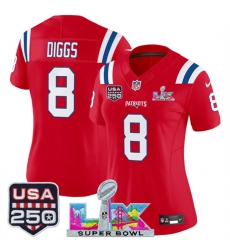 Women New England Patriots 8 Stefon Diggs Red 2025 F U S E  Super Bowl LX Patch And USA 250 27 Patch Vapor Limited Football Stitched Jersey 