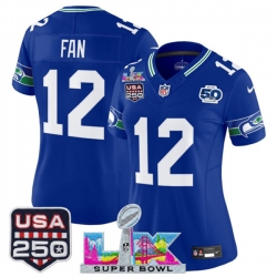 Women Seattle Seahawks 12 Fan Royal 2025 F U S E  Super Bowl LX Patch And 50th Season  26 USA 250 27 Patch Vapor Throwback Limited Stitched Football Jersey