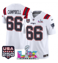 Youth New England Patriots 66 Will Campbell White 2025 F U S E Super Bowl LX Patch And USA 250 27 Patch Vapor Limited Stitched Football Jersey Youth New England Patriots 66 Will Campbell White 2025 F U S E Super Bowl LX Patch And USA 250 27 Patch Vapor Limited Stitched Football Jersey