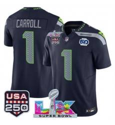 Men Seattle Seahawks 1 Pete Carroll Navy 2025 F U S E  Super Bowl LX Patch And 50th Season  USA 250 Patch Vapor Limited Football Stitched Jersey