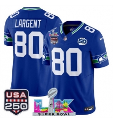Youth Seattle Seahawks 80 Steve Largent Royal 2025 F U S E  Super Bowl LX Patch And 50th Season  USA 250 Patch Vapor Throwback Limited Stitched Football Je